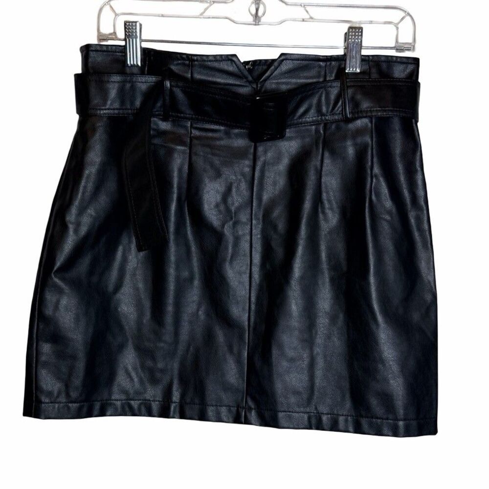 KITTENISH Black Faux Leather Skirt Women's Sz Large Mini Belted Biker Chic Goth